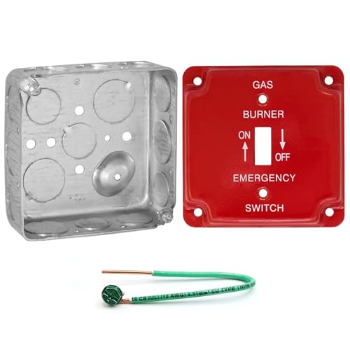 (Pack of Box and Cover) 4" Square Electrical Box, Emergency Gas Shut-Off Cover for Toggle Switch, Crushed Corners, Drawn Construction, Ten 1/2", Six 3/4" Knockouts, Raised Ground, 1-1/2" Deep