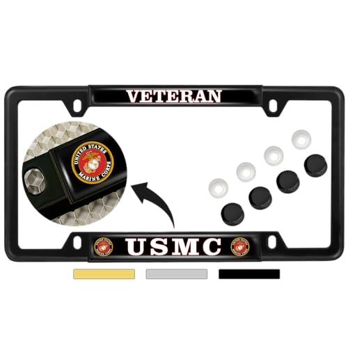 [Officially Licensed US Marine Corps Product] - USMC Veteran - Domed Custom-Made Personalized Narrow (Thin) Top 4 Hole Metal Car License Plate Frame with Free caps - Black Frame (Qty: 1)