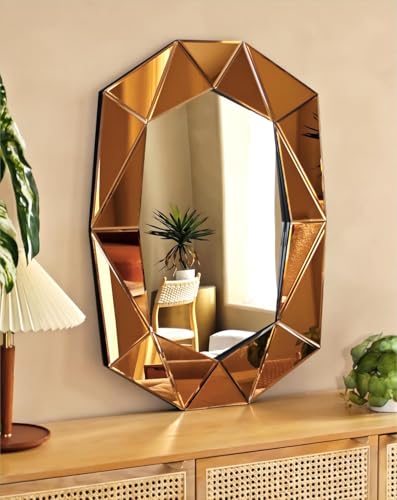 Wandspiegel Groß Dekospiegel Diamant Wohnzimmerspiegel, Luxus Flurspiegel Braun Eingangsspiegel Dekorative Spiegel Modern Wanddeko Aesthetic Glasspiegel für Bad, Wohnzimmer, Flur 100×72 cm