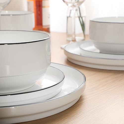 Image of Gibson Home Rothernberg Plates and Bowls 18 Piece Porcelain White Dinnerware Set W /Black Rim | Stackable Dishes | Microwave & Dishwasher Safe