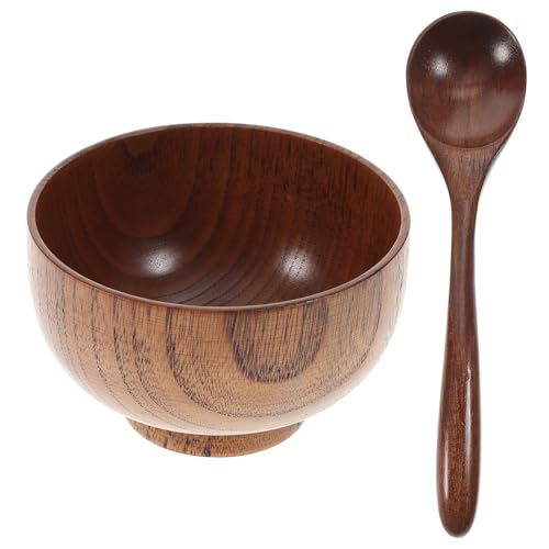 STOBAZA 2pcs Wooden Bowls Set Korean Spoons Dessert Spoons Dishware Set Wood Bowls Appetizer Bowl Dessert Bowl Wooden Bowls for Food Vegetable Bowl Serving Cooking Bowl Wooden Spoon and Soup Bowl