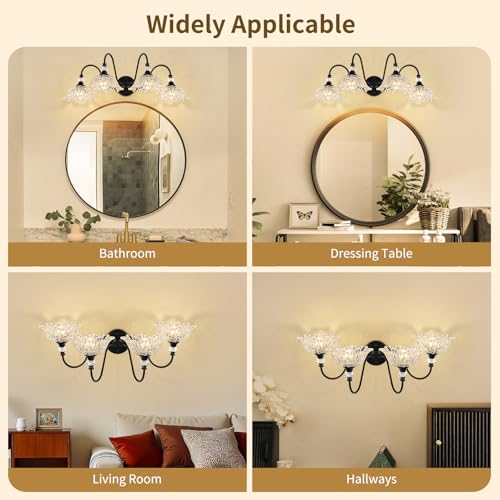 Image of 4-Light Matte Black Bathroom Vanity Light, Farmhouse Vanity Light with Floral Clear Glass Shades, Vintage Wall Mount Lighting for Bathroom