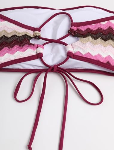 Image of ZAFUL Women Strapless Textured Bandeau Bikini 2 Piece Swimwear Cheeky Solid Lace up Bathing Suits