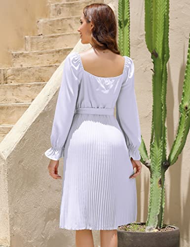 White Dress Flounce Long Sleeve Elegant Belted Fit Flare Midi Dresses Cocktail Wedding Guest #TOP3