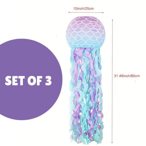 Image of Wanna Party Set of 3 Blue Pink Hanging Jellyfish Paper Lanterns - Under The Sea Party & Mermaid Birthday Decorations, Baby Shower, Nautical Events, Ocean Theme Classroom & Beach Room Decor