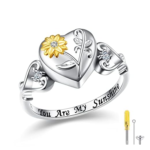 HOOHWE Sterling Silver Cremation Jewelry Sunflower Urn Rings Holds Loved Ones Ashes, You Are My Sunshine Heart Urn Ring Keepsake Cremation Ring Memorial Jewelry for Ashes for Women Men