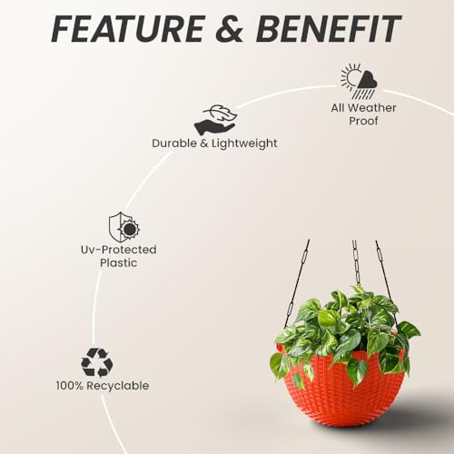 Image of YUCCABE ITALIA SHERA URO-Basket Plastic Flower Pot with Drainage Holes Round Planter Pot Suitable for Inddor Outdoor Kitchen (Red, 8 INCH - 6 Pcs)