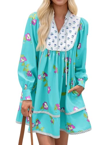 Image of Wenrine Womens Casual Floral Mini Dress Fall Long Sleeve V Neck Patchwork Loose Boho Shirt Dresses