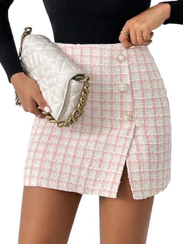 SweatyRocks Women's Elegant High Waist A-line Plaid Tweed Mini Skirt Pink Plaid XS