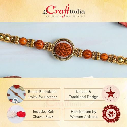 Image of eCraftIndia Beads Rudraksha Rakhi for Brother Bhaiya Bhai with Best Bro Ever Fridge Magnet | Roli Chawal Pack