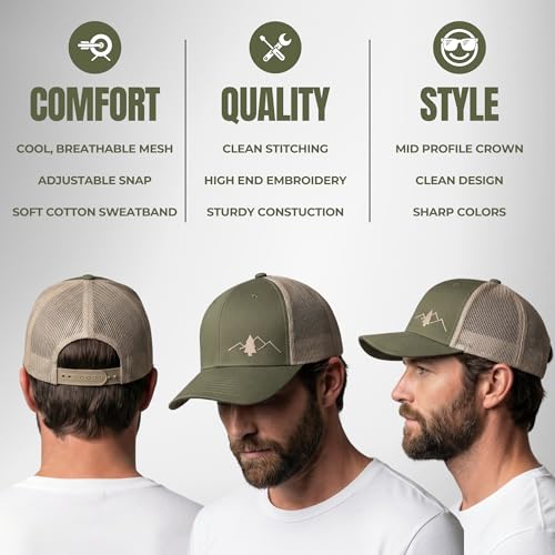 Image of LINDO Trucker Hat [ Great Outdoors Design ] for Men and Women: Mid Profile Cap with Breathable Mesh Back and Adjustable Snap