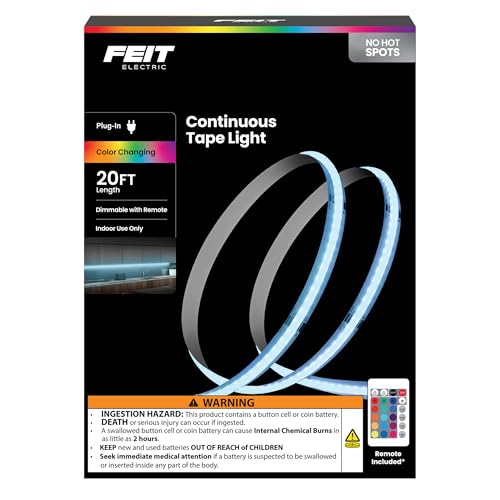 Feit Electric 20ft Color LED Tape Light, COB Technology, Customizable Length, Remote Control, Ultra-Thin 10mm Design, Perfect for Indoor Lighting, Shelves, Cabinets & Staircases, TAPE240/COB/RGB