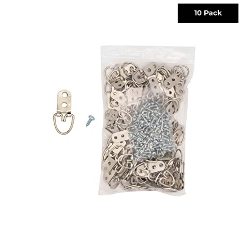 Image of 2-1 /8 inch x 7 /8 inch Zinc-Plated Heavy Duty D Ring Picture Hanger - Pack of 10 with Screws for Picture Frames & Mirrors