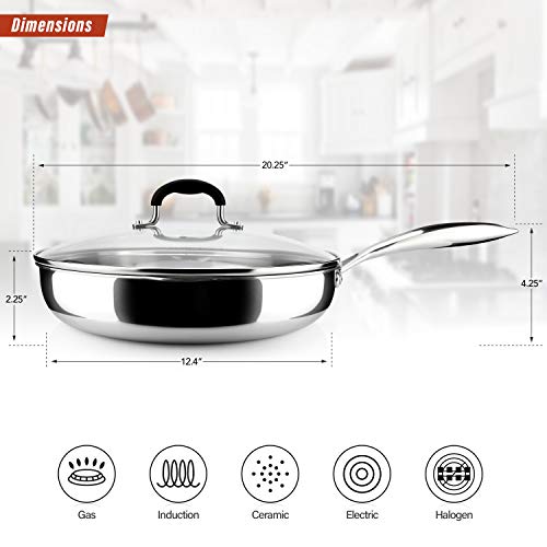 AVACRAFT 18/10 Tri-Ply Stainless Steel Frying Pan with Lid, Side Spouts, Stay Cool Handle, Induction Pan, Versatile Stainless Steel Skillet, Fry Pan in our Pots and Pans (Tri-Ply Full Body, 12 Inch) - Thumbnail 3