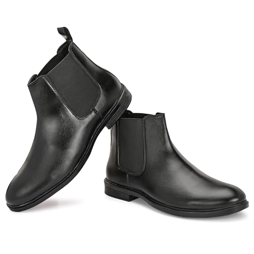 Image of Men's Chelsea Boots, Black Leather, Elastic Side Panel, Pull-On Style, Low Heel