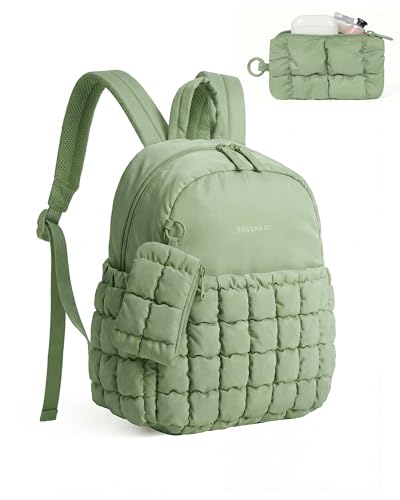 Image of BAGSMART Mini Backpacks for Women, Puffy Checkered Quilted Small Backpack with Pouch, Lightweight Daypack Purse, Water-Resistant Bookbag for Daily Travel College, 2-in-1 Set, Sage Green