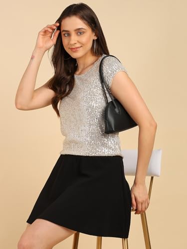 Image of Women's Beige Casual Dazzling Round Neck Embellished Sequin Party Top