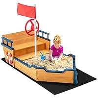 HONEY JOY Pirate Ship Kids Sandbox, Wooden Sand Box w/Storage Bench, Seat, Ground Liner, Sandpit Boat w/Rudder, Buoy, Realistic Flag, Children Outdoor Furniture for Backyard, Lawn, Garden