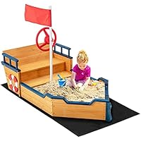 HONEY JOY Pirate Ship Kids Sandbox, Wooden Bottomless Sand Boat with Liner, Sand Pit w/Realistic Flag & Steering Wheel, Storage Bench Seat w/Backrest, Outdoor Sand Boxes for Kids Backyard