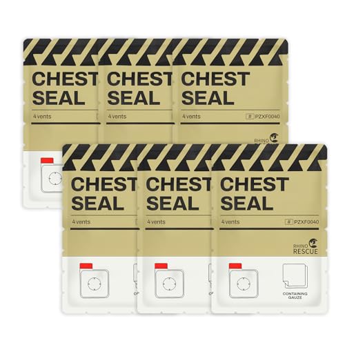 RHINO RESCUE Vented Chest Seal 4 Vents Sterile Emergency Trauma Dressing Occlusive Adhesive Pad IFAK Trauma Refill Medical First Aid Supplies for Wound Care Gunshot Wound Sucking Chest(6 Count)