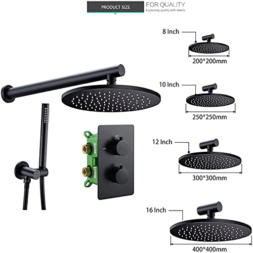 Colonne de douche encastrable noire avec mitigeur thermostatique et pommeau rond 16 pouces