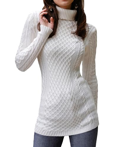 Image of v28 Women's Cotton Turtle Cowl Neck Aran Fishermen Fair Isle Cable Knit Sweater