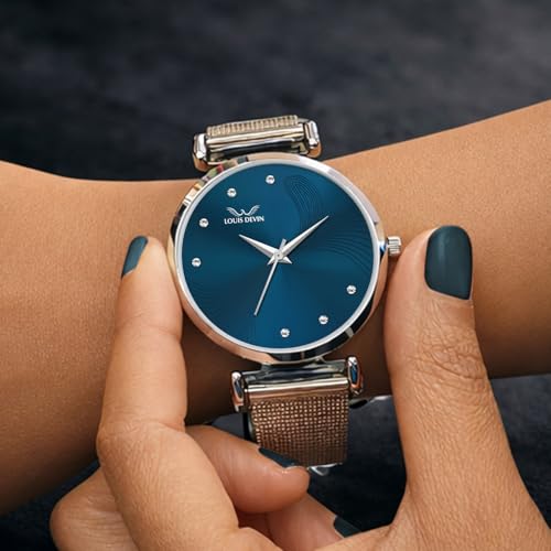Image of LOUIS DEVIN Mesh-Type Stainless Steel Chain Analog Wrist Watch for Women (Black /Blue /Pink /Green Dial) | LD-L504-CH