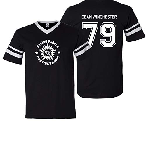 Dean Winchester Shirt – Supernatural Merch V-Neck Jersey Tee – Saving People Hunting Things – Cosplay Fan Gift (Small, Black)
