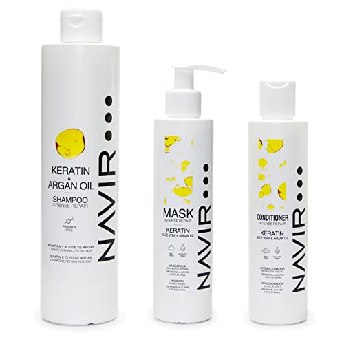 NAVIR Profesional | Mascarilla, champú y acondicionador pelo seco y dañado con Keratina, Aloe Vera y Aceite de Argán (Mascarilla 200 + Champu 500 + Acondicionador 200)