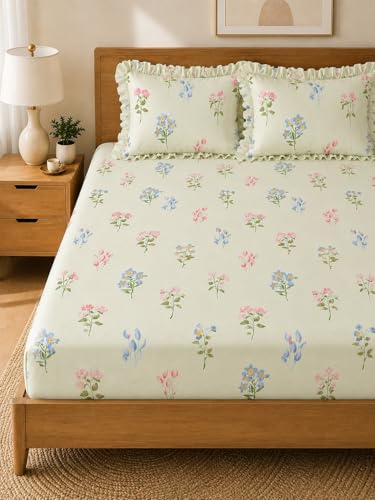 Image of 350 TC Premium Heavy Cotton Feel Elastic Fitted Bedsheet King Size with 2 Frill Pillow Covers King Size || Double Bed with All Around Elastic (Cream Leaf, Queen)