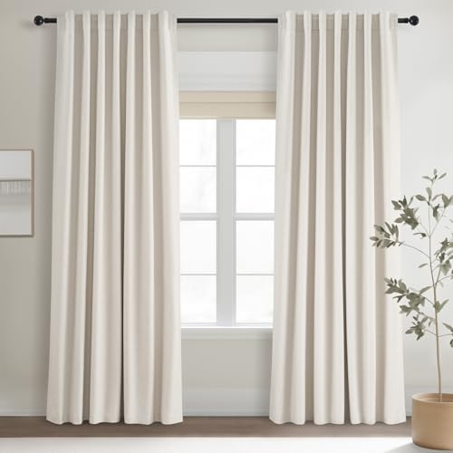 Topfinel Cream Linen Blackout Curtains 84 Inch Long for Bedroom Living Room, Ivory Pinch Pleat Back Tab Full Blackout Drapes Farmhouse Boho Curtains for Window, White Neutral Curtains 52' X 84' 7 FT