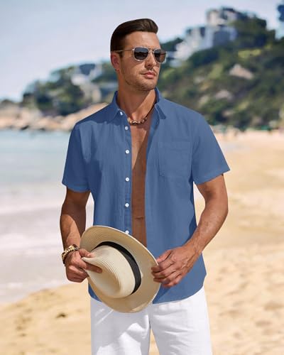 Image of J.VER Mens Linen Shirt Short Sleeve Button Down Casual Summer Shirts | Cotton Linen, Untucked, Big Tall, from Beach Camp Vacation, Cruise Fishing, Work Office, to Wedding Party Family, with Pocket