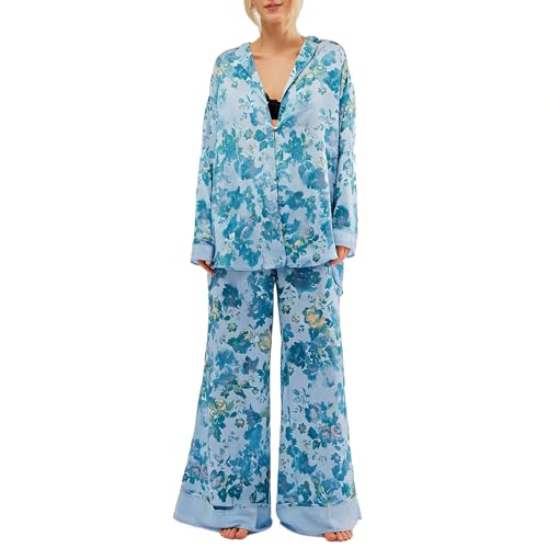 Image of Women Satin Pajama Set Floral Silk Pajamas 2 Piece Lounge Sets Button Down Shirts Wide Leg Pants Pjs Sleepwear