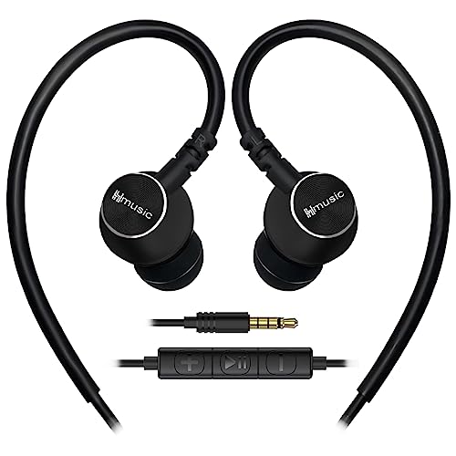 Hmusic Sports Earbuds Wired with Microphone, 3.5 mm Plug Metal Shell Earplugs in-ear Headphones with Over Ear Hook Earphones for Sports, Running, Workout, Exercising, Gym