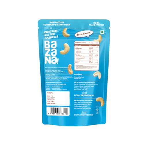 Image of Bazana Premium Roasted Salted Cashews /Kaju, 170g | Perfectly Roasted Savory Nuts | Crunchy, Protein-Rich Healthy Snacks