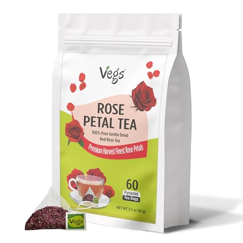 VEGS Rose Petals Tea, 100% Pure Real Red Rose 60 Pyramid Tea Bags - Premium Freeze Dried, Edible Grade Organic Rose Petals for Digestion, Skin Glow, Cleanse Support - No Caffeine & Sugar-Free