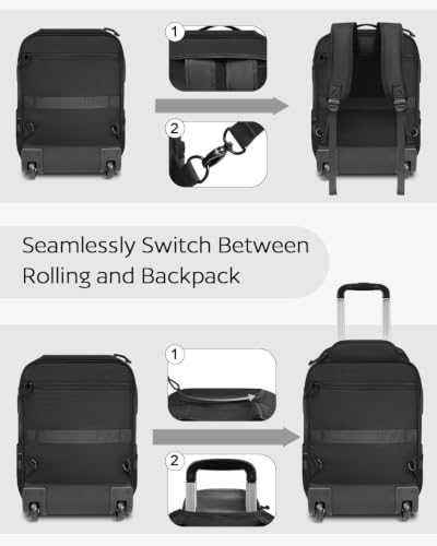 Image of AUROTIER Rolling Tactical Laptop Backpack, Underseat Travel Carry on Luggage with Wheels, Wheeled Backpack for Men and Women
