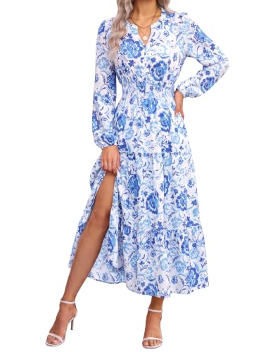 Image of GRACE KARIN Women's Floral Maxi Dress 2026 Fall Long Sleeve V Neck Empire Waist A Line Flowy Dress with Pocket