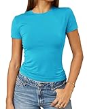 Abardsion Women's Casual Basic Going Out Crop Tops Slim Fit Short Sleeve Crew Neck Tight T Shirts 2025 (Sky Blue, S)
