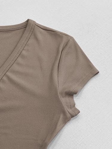 Image of Albe Rita Women Short Sleeve T-Shirt Cap V Neck Shirts for Women Ribbed Casual Top Knit Slim Fit for Summer