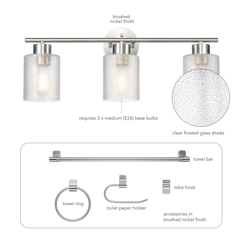 Image of Globe Electric 5-Piece All-in-One Brushed Nickel Bathroom Accessory Set with 23 inch 3-Light Vanity Light and Clear Frosted Glass Shades