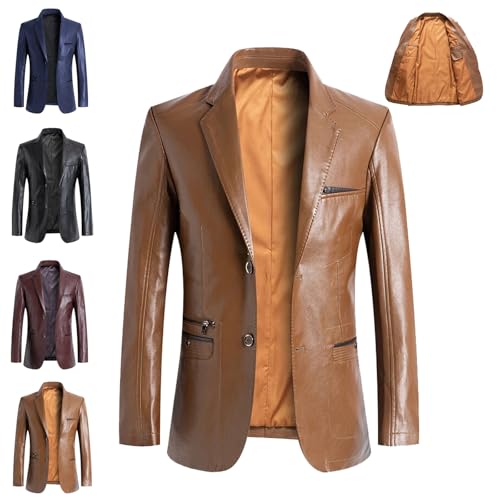 WINDEHAO Veste en cuir pour homme en véritable peau d'agneau, col revers décontracté, 2 boutons, Blazer d'affaires slim, veste de moto pour motards, marron, XXL