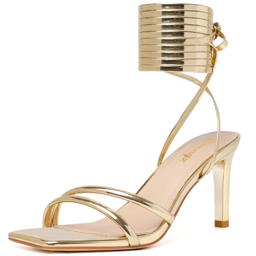 RIBONGZ Strappy Heels for Women Square Open Toe Tie Up Sandals Ankle Strap Lace Up Stiletto High Heels Sexy for Wedding Prom Party Comfort Dress Shoes