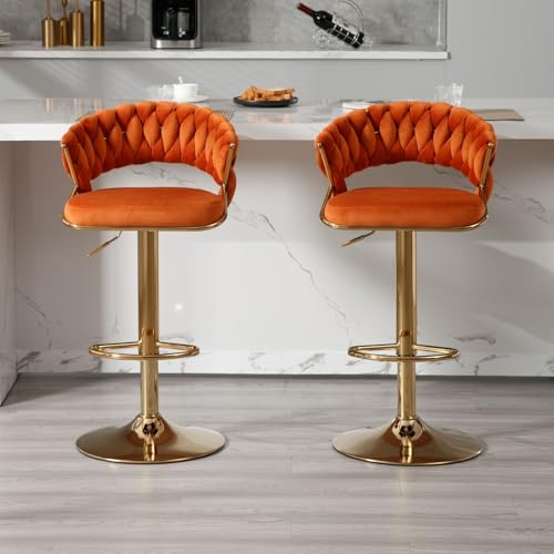 Butacos regulables de terciopelo LukeAlon, color naranja, con base dorada giratoria y reposapiés, para barra o cocina, juego de 2 piezas miniatura 3