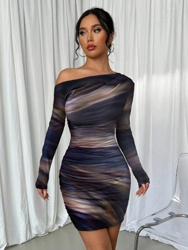 Women's Sexy Off The Shoulder Bodycon Mini Dress Tie Dye Long Sleeve Ruched Asymmetrical Club Dresses2