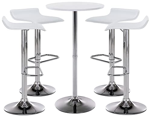 CLP Juego De Mesa & 4 Taburetes De Bar Esberg con Base Metálica I Set De Mesa De Madera & Sillas Tapizadas En Polipiel, Color:Blanco