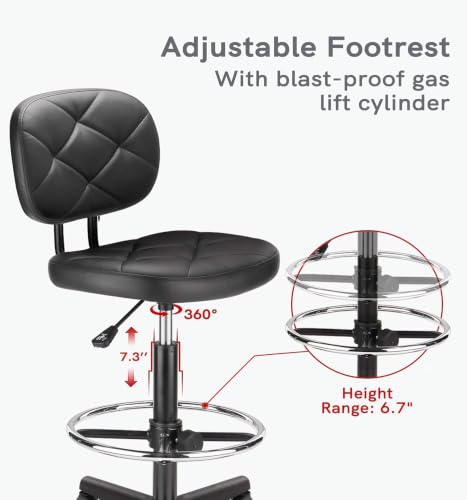 Image of KLASIKA PU Leather Rolling Stools with Foot Rest and Back Support, Adjustable Diamond Upholstered Drafting Chair with Wheels, Multi-Purpose Desk Chair for Home Office Bar Kitchen Shop, Black (4PK)