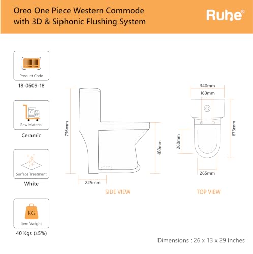 Image of Ruhe Oreo One-Piece Western Toilet with 3D Siphonic Flushing System| S-Trap | White Glossy Ceramic | 26 x 13 x 29 inches | Soft-Close Seat Cover | Dual Flushing | Floor Mounted Western Commode