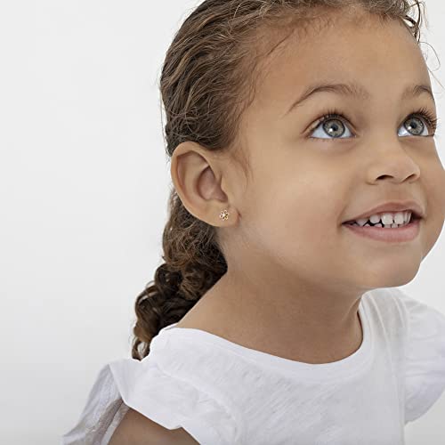 14k Yellow Gold Dainty Cubic Zirconia Young Girls Open Flower Earrings with Safety Screw Backs - Small Flower Stud Earrings for Toddlers with Locking Screw Backs for Safety & Comfort2