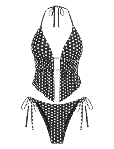 Image of ZAFUL Halter Swimsuits for Women Textured Backless 2 Piece Bathing Suits Cheeky High Cut String Tie Side Bikini Sets
